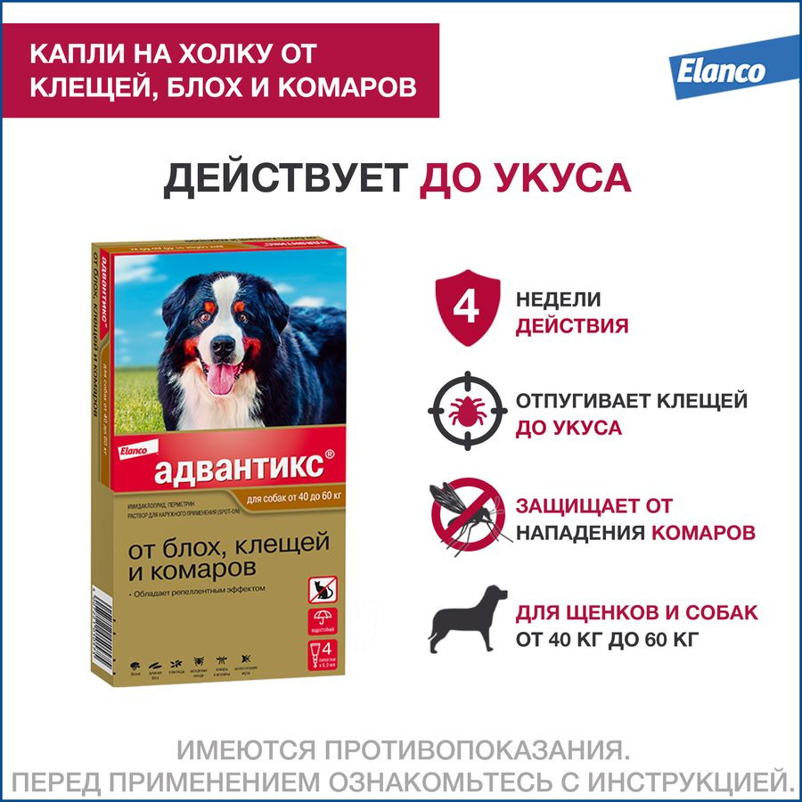 Адвантикс для собак инструкция до 4. Адвантикс XXL капли для собак от 40 до 60кг 6мл №4. Elanco от блох